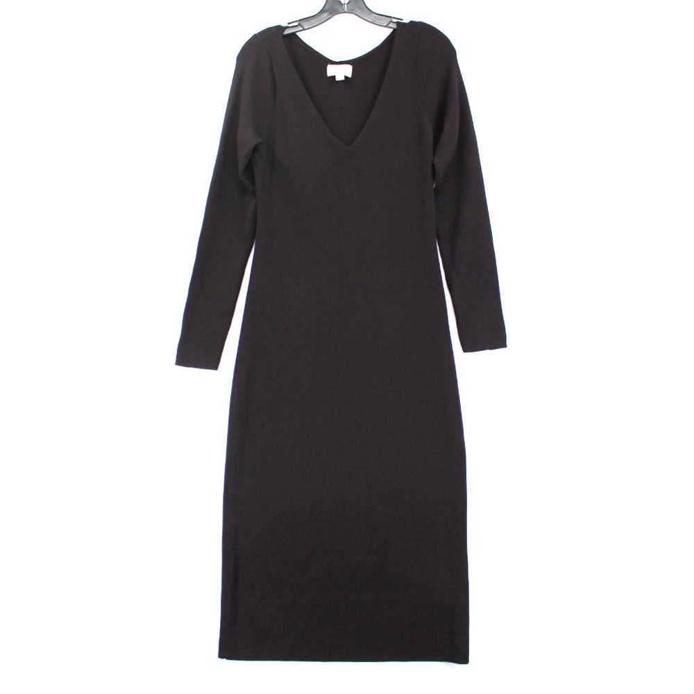 J. Crew Collection Black Stretch Ribbed Knit V-Neck Long Sleeve Dress Large Midi